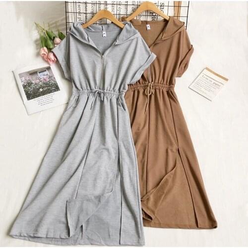 Roupas Femininas 2021 Summer New Fashion Ladies Hooded Short Sleeve Casual Robe Lace Up Split Slim Mid Length Dress For Women