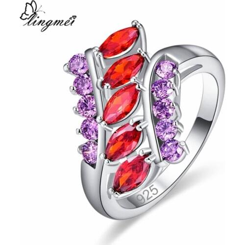 Lingmei New Arrival Marquise Red Purple & Blue Pink CZ Silver ColorRing Size 6-9 Wedding Party Fashion Women Jewelry