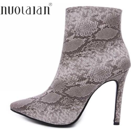 Winter Woman Shoes Pointed Toe High Heel Boots Snake Printing Leather Short Ankle Boots for Women Sexy High Heel Women Boots