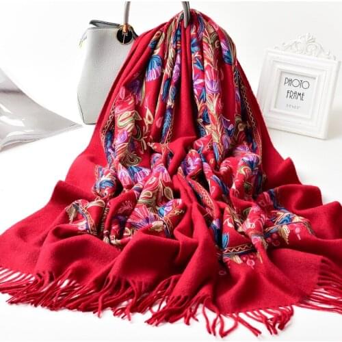 100% Wool Scarf women winter versatile middle aged mother wedding dress red embroidery thickened Cashmere Shawl gift
