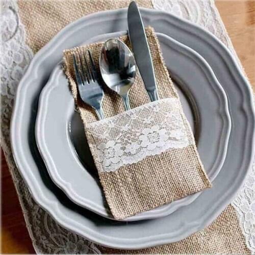 30PCS Burlap Lace Cutlery Pouch wedding Tableware Party decoration holder Bag Rustic Jute 10.5cm x 19.5cm