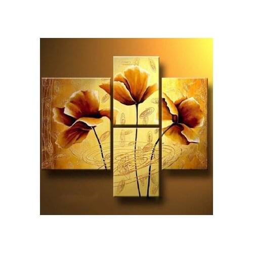 4 piece Hand Painted Oil Painting Brown Poppies-Modern Oil Painting Canvas Wall Art-Floral Canvas Wall Pictures for Living Rooms
