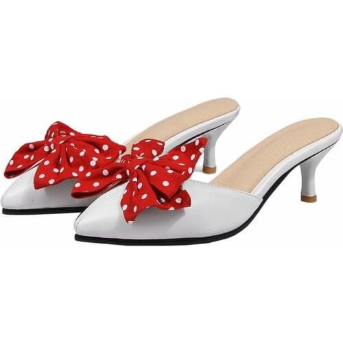 COOLULU Women Polka Dots Pumps Bow Slip on Mules Kitten Heel All Match Spring Ladies Pumps Women Shoes Pointed Toe Size 34-44