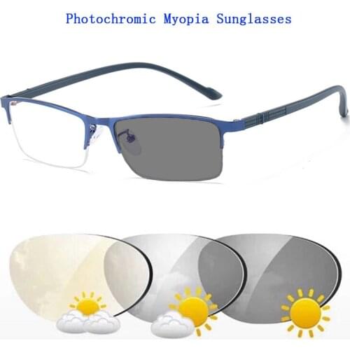 Photochromic Myopia Glasses Men Semi Rim Metal Frame Nearsighted Sunglasses Driving Travel Shortsighted Spectacles 0,-1.0~-6.0
