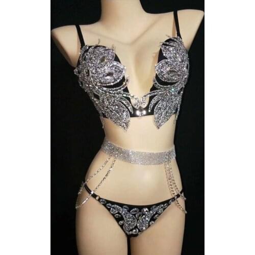 Nightclub Singer Pole Dance Clothing Gogo Dancer Costume Rhinestone Bikini Set Bra Adult Stage Costume Women Performance VDB1127