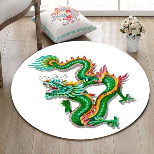 Round Childrens Room Area Rug Living Room Floor Cushion Bathroom Non-Slip Carpet Home Study Door Mat Flying Green Golden Dragon