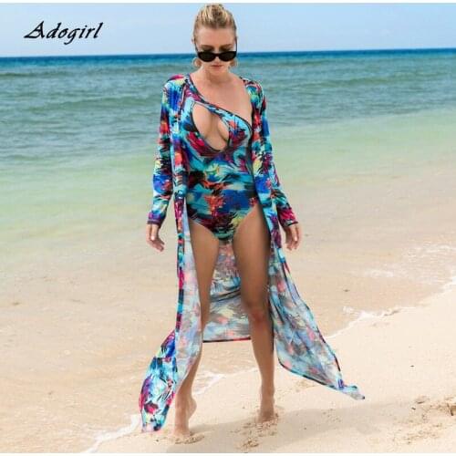 Tie-dye Print Summer Beach Two Piece Set Sexy Hollow Out One Shoulder Bodycon Bodysuit with Long Cape Coat Swim Women Outfit