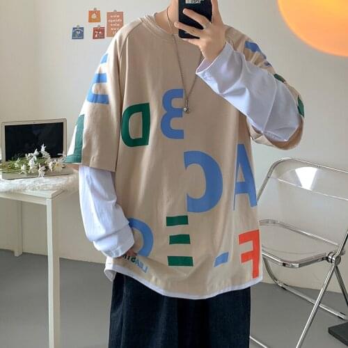 2021 Letter Printed Hoodie Men Autumn Fake Two Piece Sweatshirts Mens Casual Oversized Hoodies Streetwear Hip Hop Sweatshirt