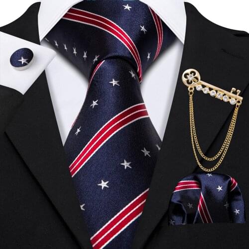 New Fashion Men Tie Brooch Set Red Striped Silk Jacquard Tie Necktie Handkerchief Cravat for Wedding Party Barry.wang LS-5213