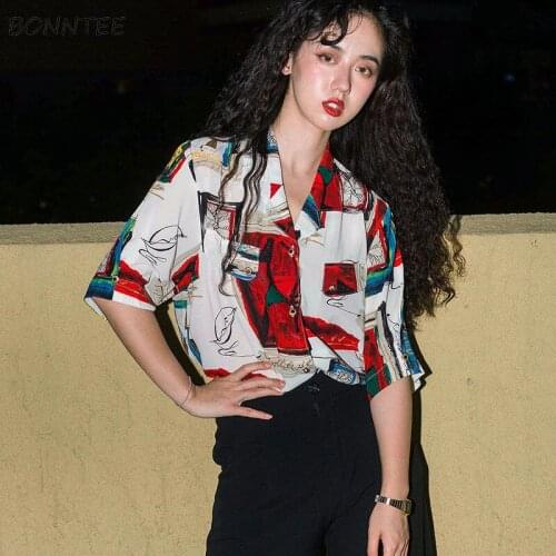 Shirts Women Vintage Fashion Short Sleeve Turn-down Collar Print Harajuku Hong Kong Style Streetwear Girls Party Female Ins Tops