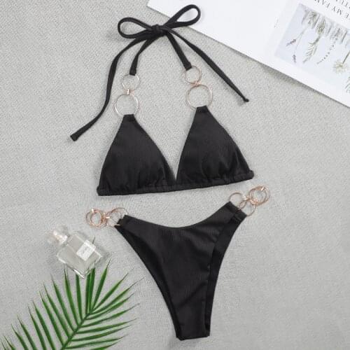 Sexy Bandage Bikini 2020 Women Solid Black Cut Out Thong Swimsuit Brazilian Ring Circle Bathing Suit Halter Swimwear Biquini