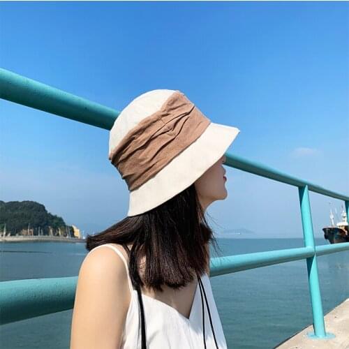 New Folding Cotton and Linen Stitching Fisherman Hat Female Leisure Short Brim Basin Hat Spring and Summer Foldable Sun Hat