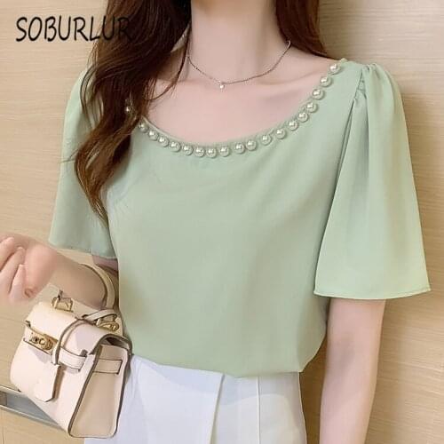 SOBURLUR Summer Womens T-shirts Chiffon Pearl collar Crop Top Woman Clothes Solied Color T shirt Korean Style Kawaii Girls Lady