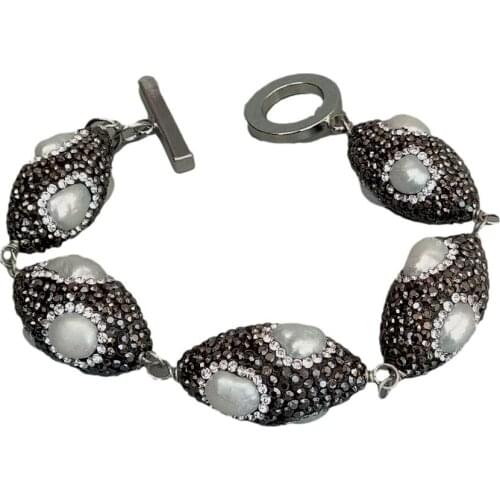 Y·YING Freshwater Cultured White Pearl Black Rhinestone Pave Olive shape Bracelet 8.5"