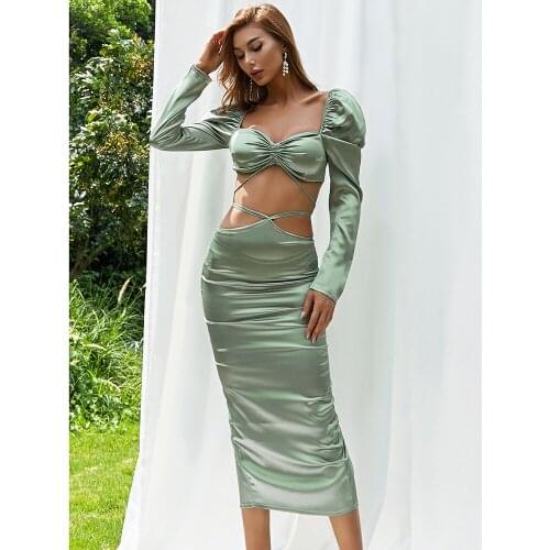 2021 Vintage Green White Sexy Hollow Out Lace Up Long Sleeve Women Party Dress Satin Casual Slim Femme Vestidos De Festa BH7184