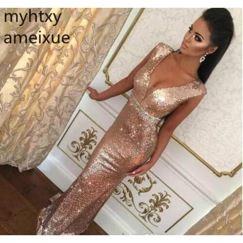 Mermaid Sexy Evening Dresses 2020 Rose Gold Deep V Neck Formal Women Holiday Wear Celebrity Party Gowns Custom Made Event Dress