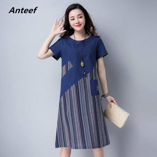 Cotton linen plus size vintage stripe women casual loose midi summer sun dress elegant clothes 2021 ladies dresses sundress