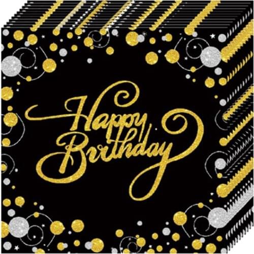 Gold Black Happy Birthday Bunting Banner Tableware Paper Cup Plate Napkins for 21 30 40 50 60 Birthday Party Decoration Supplies