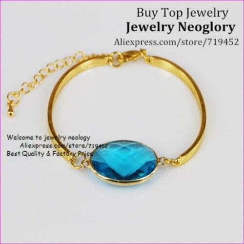 10PCS Natural Oval Blue Glass Quartz Bracelet & Bangle Crystal Glass Bezel Quartz Connector Bracelet Gold Bangle Female Jewelry