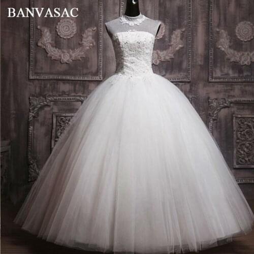 BANVASAC 2017 New Elegant Embroidery Strapless Wedding Dresses Crystals Sleeveless Satin Tank Lace Bridal Ball Gowns