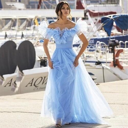 Sevintage Sky Blue Ruffles Off Shoulder Prom Dresses Sexy Backless Long Tulle Special Occasion Dress Formal Party Evening Gowns
