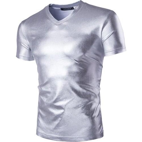 Summer Men Bright T-Shirt Fashion Gold Silver black O-neck Nightclub stage T-shirt mens slim fit Short sleeve t-shirt Brand Tees