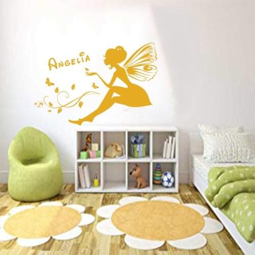 Customized Personalized Name Wall Decal Art Flower Fairy Vinyl Carving Mural Kids Room Wallpaper Home Decoration Painting AW9065