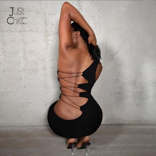 Justchicc One Shoulder Black Party Dress For Women 2021 Hollow Out Cross Back Bodycon Dresses Backless Night Club Sexy Vestidos