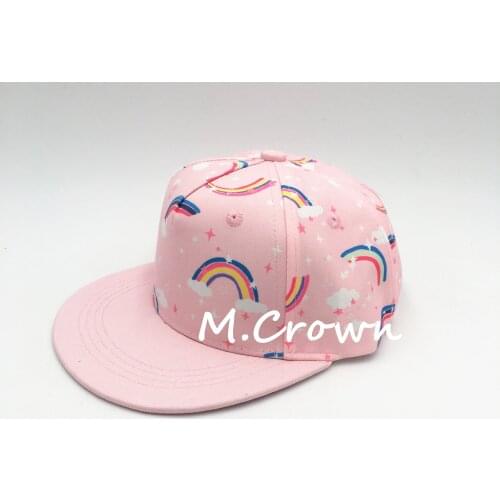 Kids Girls New Hip Hop 100% Cotton Twill Flat Cap with All Over Printed Rainbow Design
