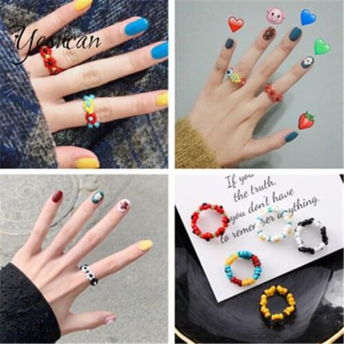 Adjustable Rings set for women Elastic Crystal Flower Ring beads Handmade fashion Korean ring female Finger Rice Beads Ring