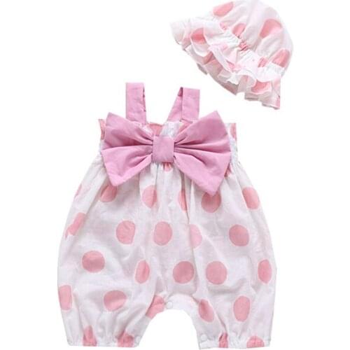 Newborn Infant Baby Girls sets Straps Dot Print Bow Romper Sunsuit Hat Outfits Baby Girl Summer Clothes