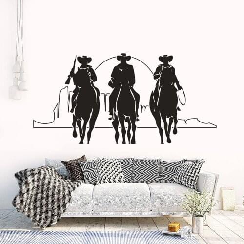 Horse Rider With Sunset Wall Art Poster Three Western CowboysVinyl Decals Horses Man Silhouette Movie Silhouette Sticker AZ358