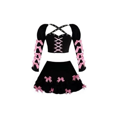 Japanese Harajuku Bowknot Dating Sweet Spice Girl High Waist Skirts Fashion Lolita Mini Kawaii Cosplay Hot Girl Three Piece Set