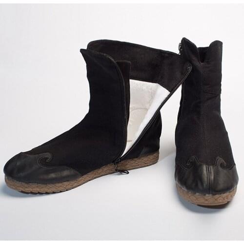 Mens Handmade Winter Boots Tai Chi Kungfu Flats Black PU Leather Stitching Retro Comfortable Plush Thick Slip-On Footwear