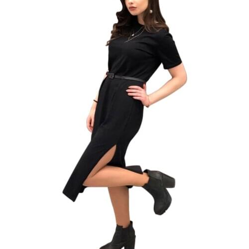 New Summer Dress Fashion Beach Black Dress Cotton Straight Long Dress Split Autumn Dress Women Round Neck Cute Slim Fit Casual