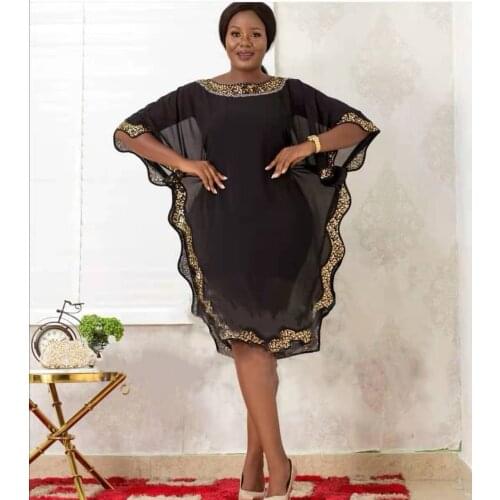 New Style African Womens Dashiki Abaya Stylish Chiffon Fabric Sequins Bat Sleeve + Inwardly Loose Dress 2 Piece Free Size