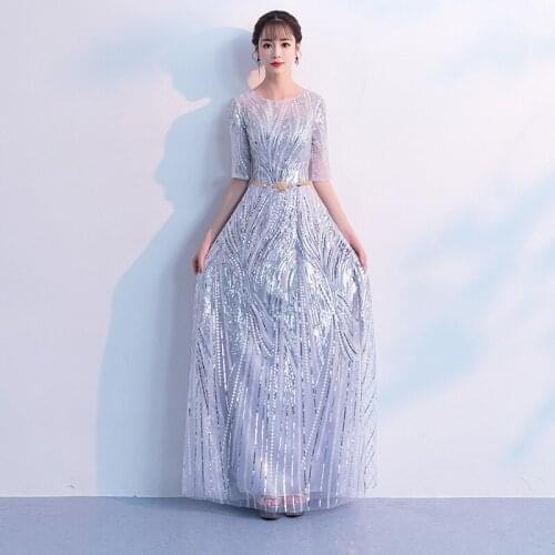 Silver Evening Dress Long Style 2019 New Stylish Illusion O-neck Half Sleeve Prom Dress a Line Floor Length Shinning Sequins