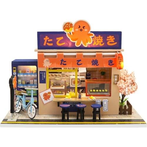 Japanese Style Takoyaki Snack Bar Assemble Wooden Doll House Miniaturas With Furniture DIY Home Dollhouse Toys for Children