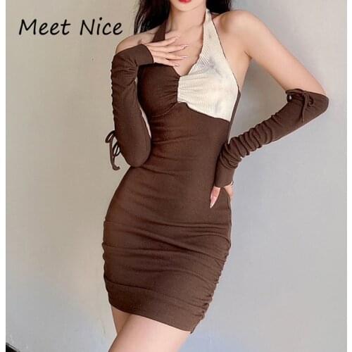 Sexy Contrast Color Ribbed Tie Dye Bodycon Mini Dress Women Autumn Long Sleeve Off Shoulder Woman Party Night Clubwear Dresses