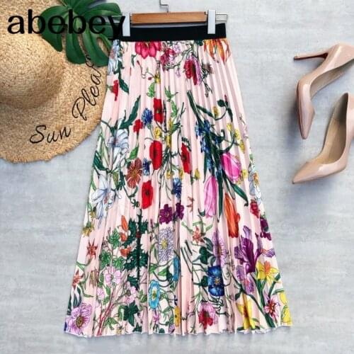 Bohemian Floral Long Skirt Women 2021 Summer Fashion Boho Print A Line High Waist Pleated Mid-length Skirt Female Ladies