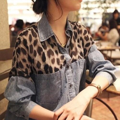 Office Ladies Denim Jacket Casual Loose Fit Tops Patchwork Chiffon Leopard Coat Women Long Sleeve Jeans Outerwear Vintage Coats