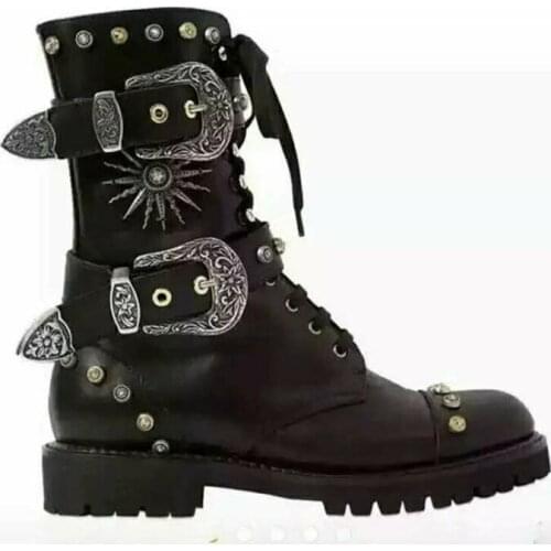 Moraima Snc Woman Leather Shoes Round Toe Rivets Studded Lace-up Riding Boots Metal Buckle Decorations Ankle Boots