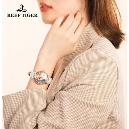 Reef Tiger/RT 2021 Top Brand Luxury Gold Rose Women Automatic Watch Leather Strap Date Sapphire Glass Waterproof Women Watches