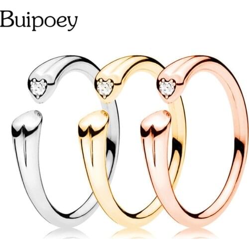Buipoey High Quality Heart Simple Ring Fashion Silver Color Golded Rose Gold Rhinestone Ring Men Women Couple Wedding Ring