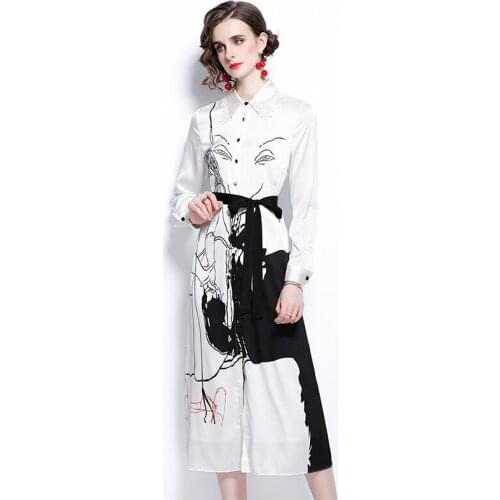 2021 Summer Womens Dress French Commuter Lapel Tie Bow Graffiti Print Long-sleeved Dress New Waist Female Slim Dresses X663
