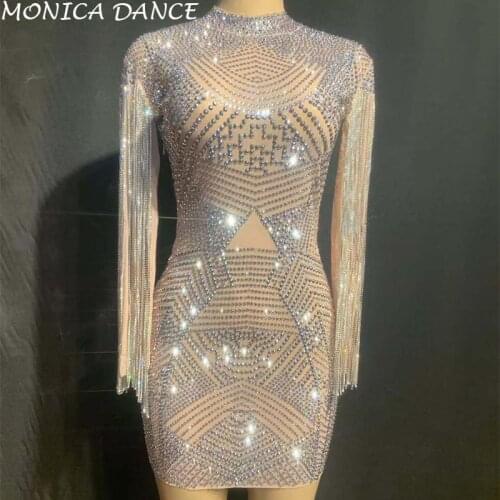 Women Sexy Transparent Silver Rhinestones Dress Mesh See Through One-piece Crystals Fringes Dress Birthday Celebrate Costume