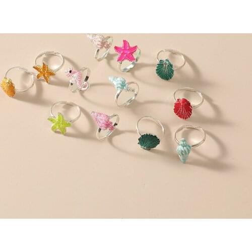 12PCS New Summer Beach Starfish Shell Conch Rings for Women Girl Kids Adjustable Finger Ring Party Jewelry Gift Anillos