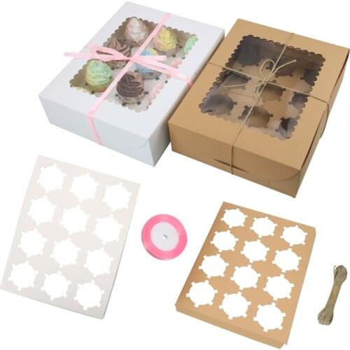 6pcs Kraft Paper 12-hole Muffin Boxes Pvc Window Baking Cake Pastry Box Wedding Birthday Party Biscuit Chocolate Packaging Boxes