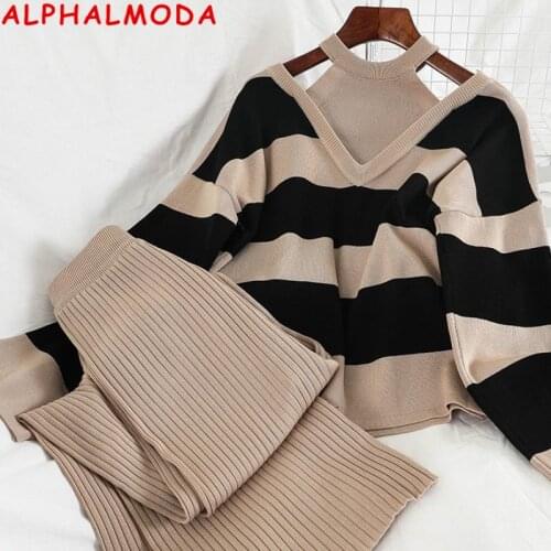 ALPHALMODA 2020 Winter New Striped Off-shoulder Casual Loose Sweater+ Flare Leg Trousers Women Comfy 2pcs Lounge Wear Set