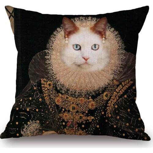 Cat European Portrait Art Cushion Cover Vintage Oil Painting Pillowcase Beige Linen 45X45cm Sofa Decoration